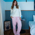 Women Winter Pajama Set Off White Sweatshirt +Pink Gingham Pattern Pants